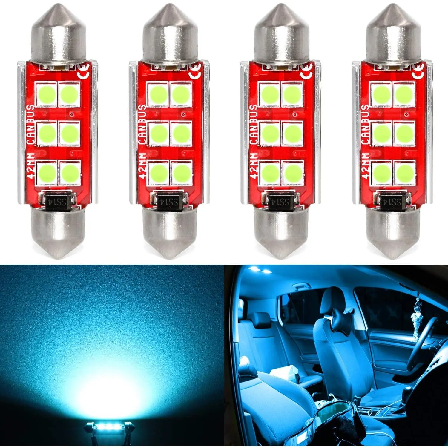578 Ice Blue LED Light Bulbs, Super Bright 3030 6-SMD Festoon 41mm 42mm 211-2 212-2 214-2 Replacement for  Interior Map Dome Trunk Courtesy Lights, Pack of 4