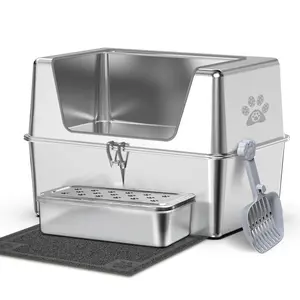 Ptlom Pure metal semi-enclosed stainless steel cat litter box,paw print,Wide Edge Opening,non-stick,leak-proof,odorless,comes with mat and scoop