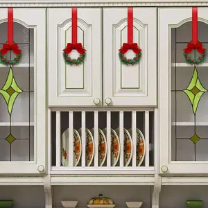 Classic 12pcs Christmas Kitchen Cabinet Mini Wreath Hanging Ornaments with Bows and Berries for Window Cabinet Chair Door Stairs Home Decor Diameter 13 cm