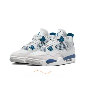 White and Blue Leather and Mesh Mid-Top Retro Basketball Shoes