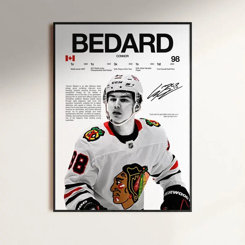 Connor Bedard Poster, Chicago Blackhawks Wall Print, NHL Hockey Print,  Hockey Fan Gift, Sports Decor, Hockey Room Print