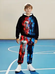 Boys' Hooded Sweatshirt Set, Graphic Team Hoodie, C Ronaldo & Messi Design, Autumn Winter Casual Fitted Top, Best Gift for Boys, Random Print