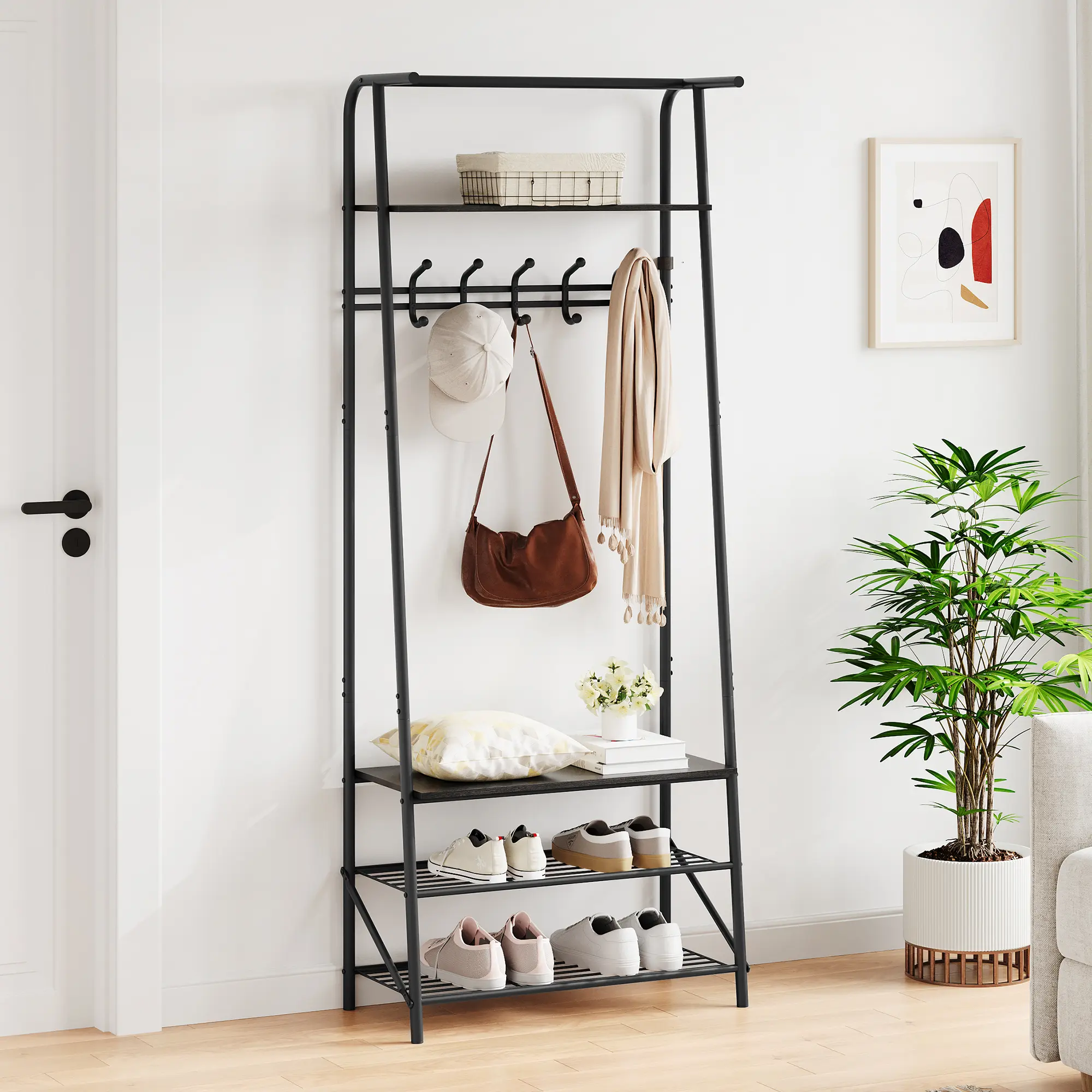 Hall Tree with Bench, Coat Rack and Shoe Storage - 5 Hooks, 3-Tier Shoe Rack, MDF, Stable Base, Easy-Install Metal Frame for Entryway, Hallway