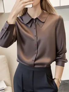 Women's Satin Silk Smooth Button Front Blouse, Long Sleeve Lapel Shirt, Business Casual Formal Top, Elegant Chic Office Wear