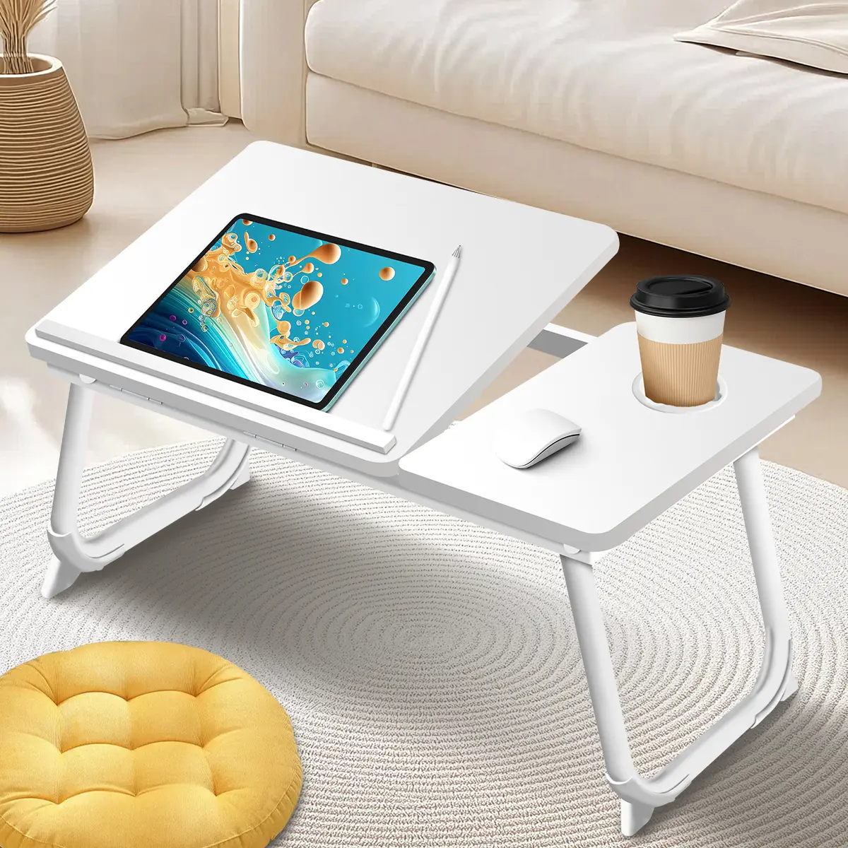 Height-Adjusted Sturdy Foldable Laptop Desk with Cup Holder, Multifunctional Portable Office Furniture for Home Setup
