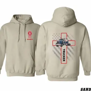 Kenworth Trucker Cross Hoodie, Faith and Truck Graphic Pullover, Patriotic Diesel Mechanic Streetwear, Unisex Gift for Drivers