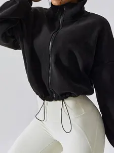 Women's Loose Solid Drawstring Zip Up Crop Fleece Jacket, Casual Funnel Neck Long Sleeve Funnel Neck Outerwear for Fall & Winter, Women's Clothes for Daily Wear（gift）