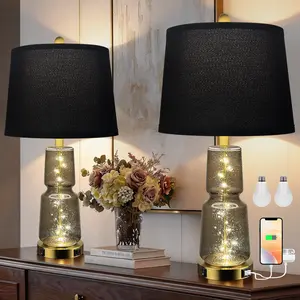 DEMILARE Ambient Dimmable LED Nightstand Lamp - Decorative Glass, Fabric Shade, 9W LED Bulb, Built-in Fairy String Lights, USB A+C Ports, 3 Color Temperatures, Modern Home Decoration for Bedroom,Nightstand Led Lights,SummerVibes
