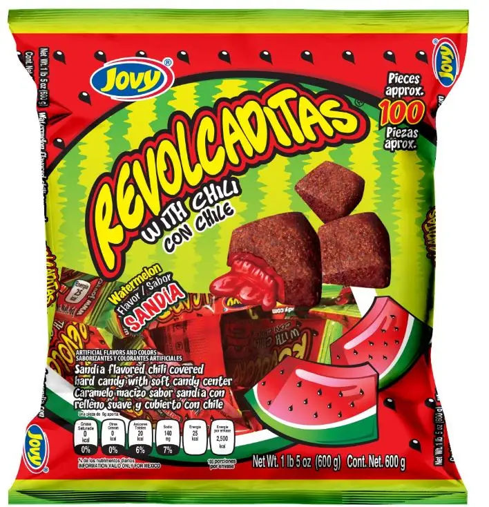 Revolcaditas Sabor Sandia - Watermelon Flavor Chili Covered (100 pcs) Hard Candy Sweet and Spicy Candy 600g.