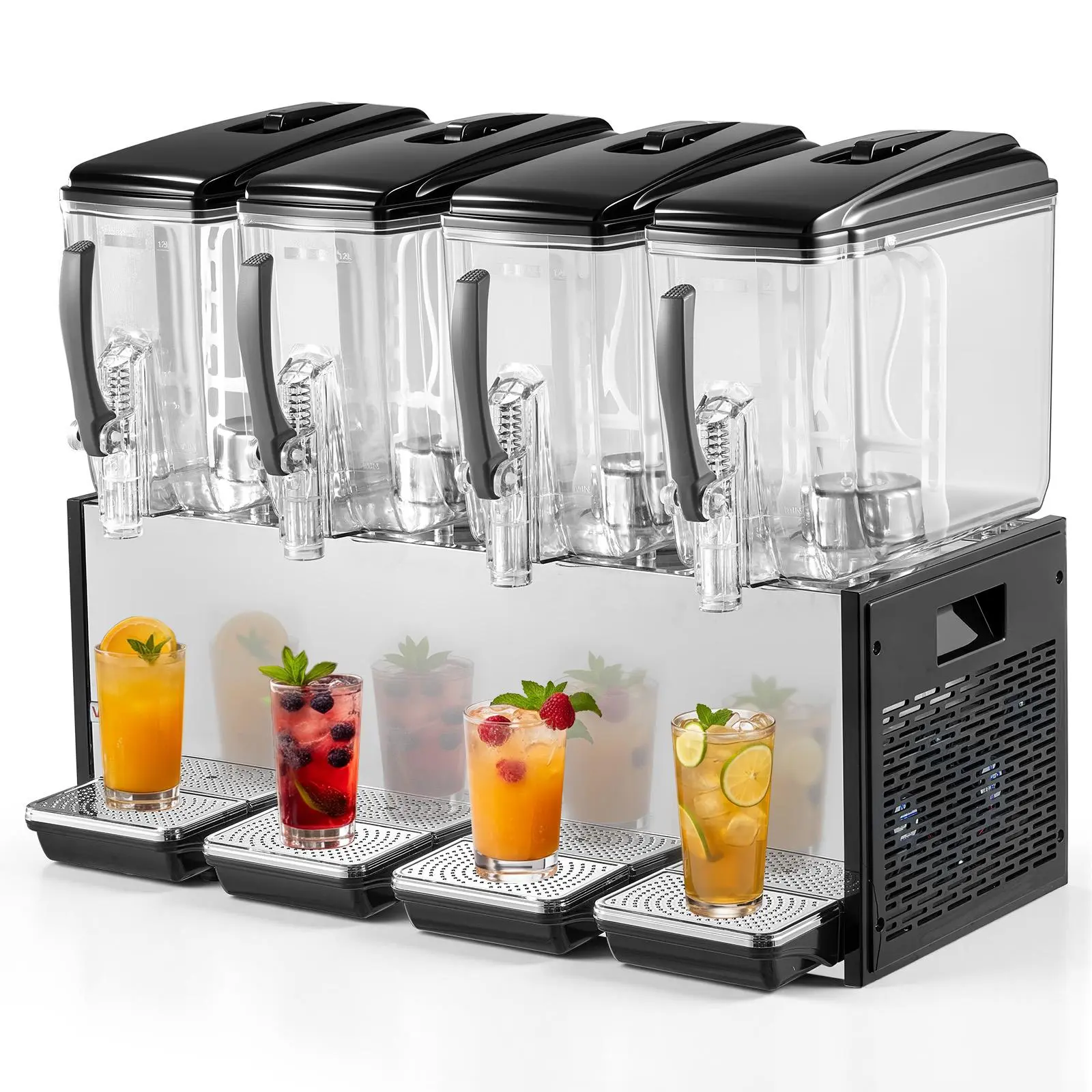 VEVOR Commercial Beverage Dispenser 4 Tanks 12 L / 12.7 QT Per Tank, Stainless Steel Juice Dispenser, Ice Tea Drink Machine with 45℉ to 54℉ Cooling Temperature, for Cold Drink Restaurant Bar Party