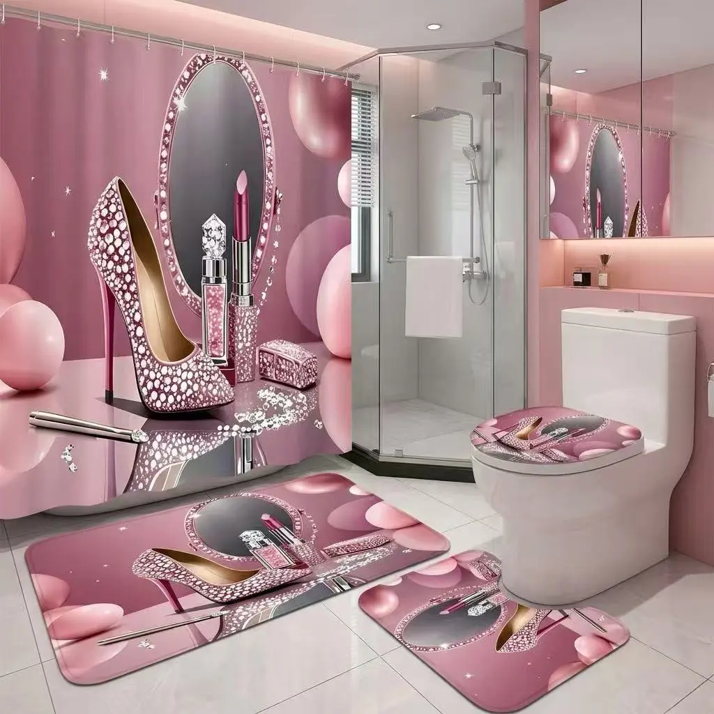 4Pcs Decorative Girly Shower Curtain Set High Heel, Lipstick, Diamond Mirror, Bathroom Sets with Rugs, Christmas Valentine’s Day, Bathroom Decor, Glamorous Pink High Heel With Lipstick And Diamond Mirror On Background For Chic Luxurious Bathroom Vibe