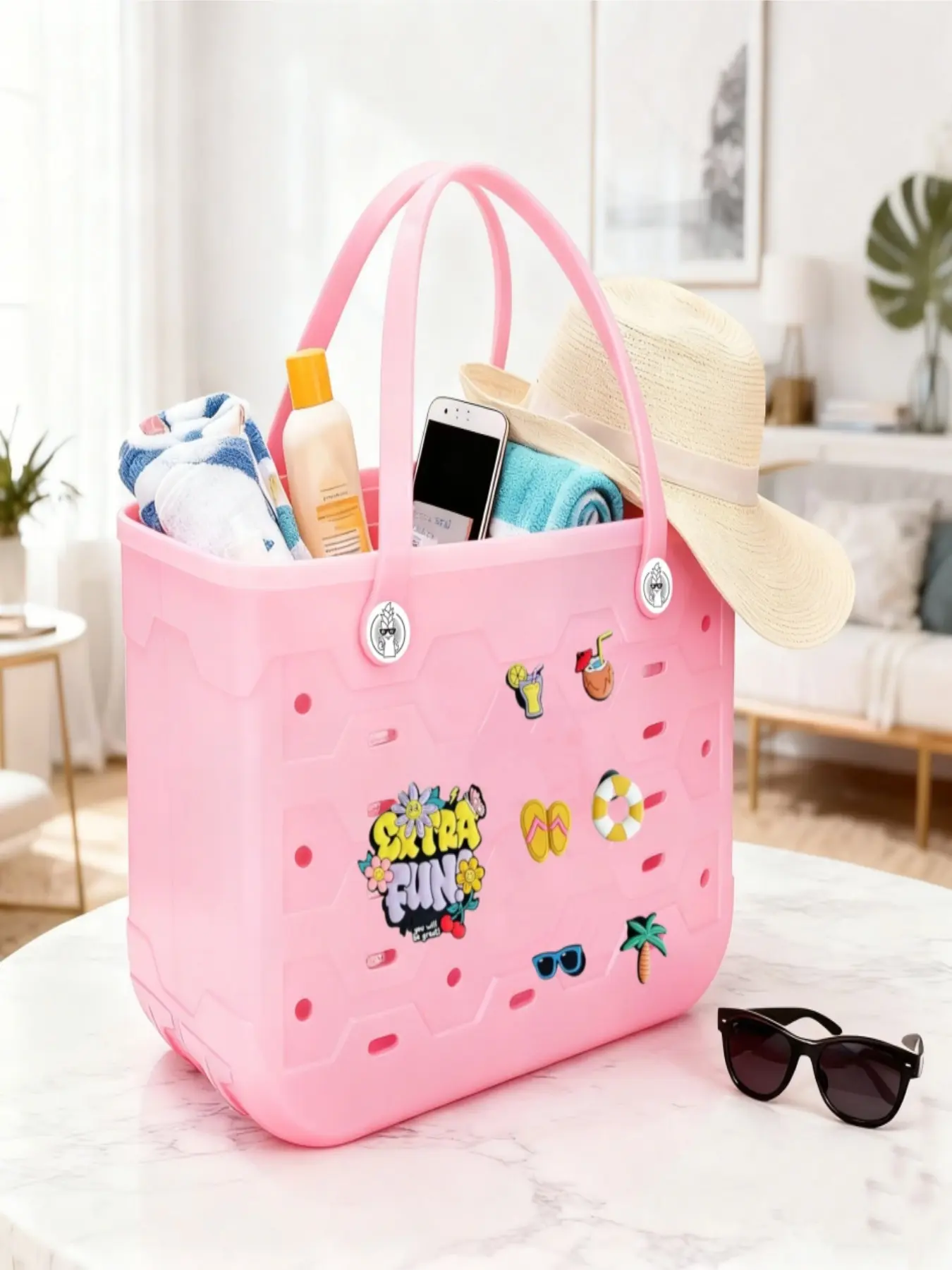 2026 New Solid Color Getaway Beach Bag, Fashion Rubber Shopper Handbag, Large Capacity Eva Waterproof Sandproof Shoulder Tote, Unisex Beach Shopping Bag