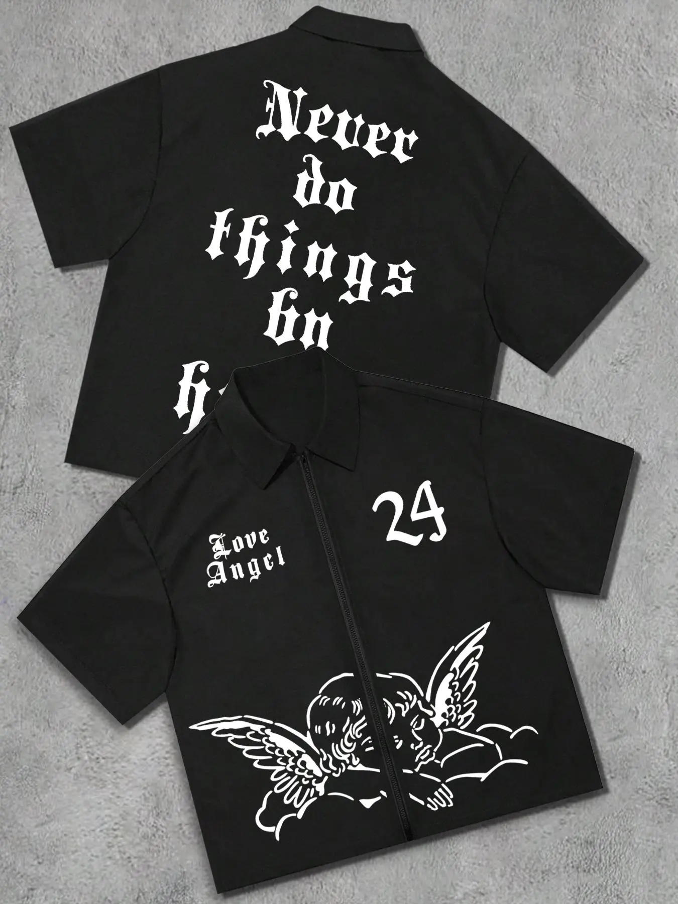 Men's Angel & Letter Print Zip Up Shirt, Casual Street Fashion Graphic Shirt, Casual Short Sleeve Collared Top for Daily Wear, Fashion Men's Clothes for All Seasons, Tropical