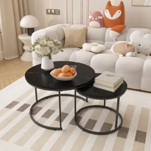 Round Nesting Coffee Table Set of 2, 27.6 inch Side Tables with Wood Marble Pattern Top and Sturdy Metal Frame for Living Room, Bedroom, Balcony, Yard