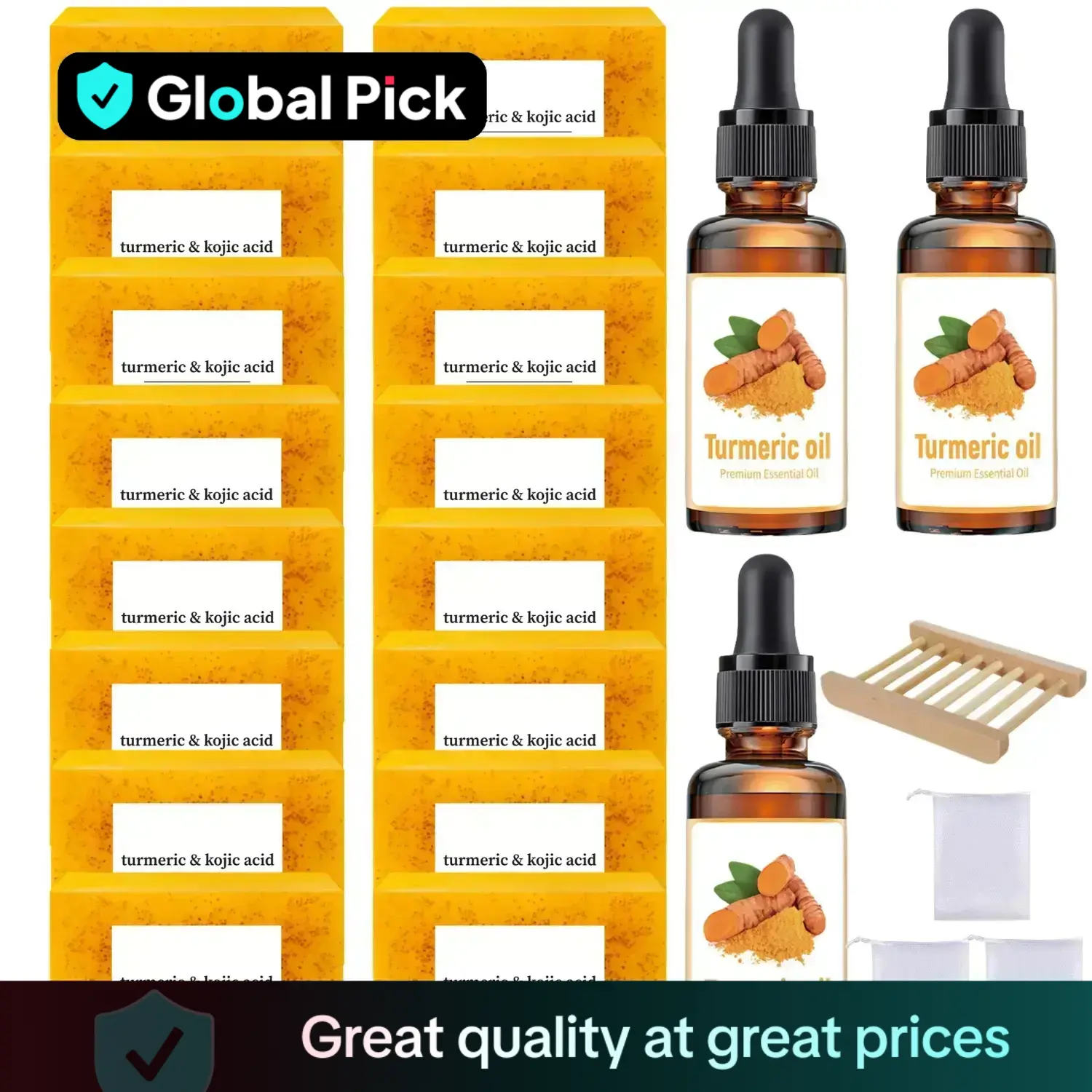 Turmeric Skincare Set, 16pcs Turmeric Kojic Acid Soap & 3 Counts Turmeric Oil & 1 Count Soap Dish & 3 Counts Soap Bag, Body & Face Care for Women & Me