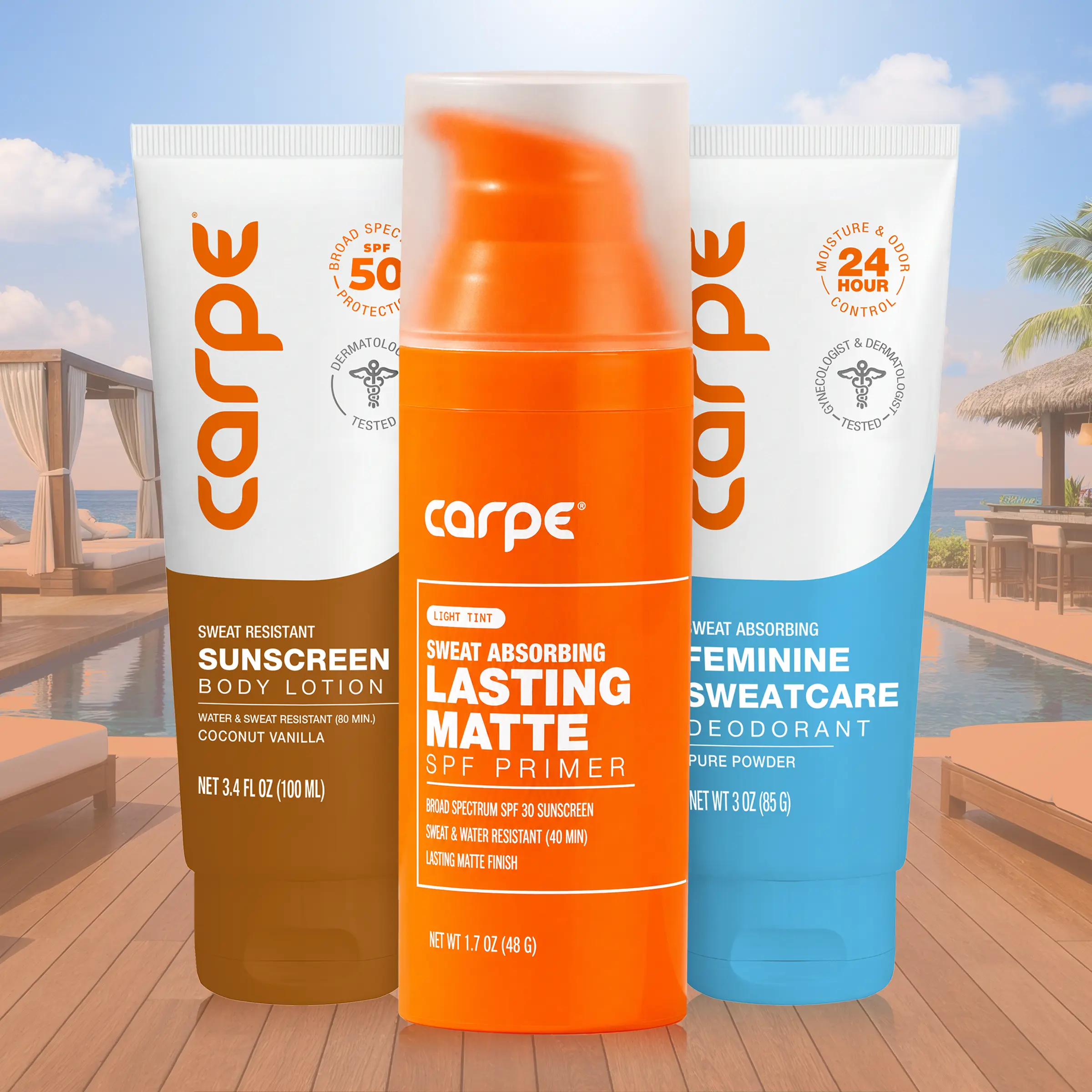 Carpe Hot Girl Summer Set - Sweat Resistant SPF50 Sunscreen, Feminine Deodorant & Matte Face Primer Carpe Hot Girl Summer Set - Sweat Resistant SPF50 Sunscreen, Feminine Deodorant & Matte Face Primer