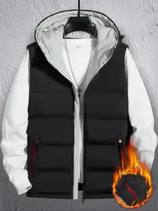 Men's Casual Fitted Hooded Vest Jacket, Zipper Sleeve Down Coat, Winter Outdoor Leisure Bubble Vest, Perfect Gift for Friends & Family, Menswear