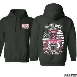 Devil’s Daughter Diesel Diva Hoodie – Pink Devil Girl Trucking Hoodie for Women, USA Flag Graphic, Perfect Gift for Diesel Mechanics and Truck Girls, Comfortable Unisex Fit