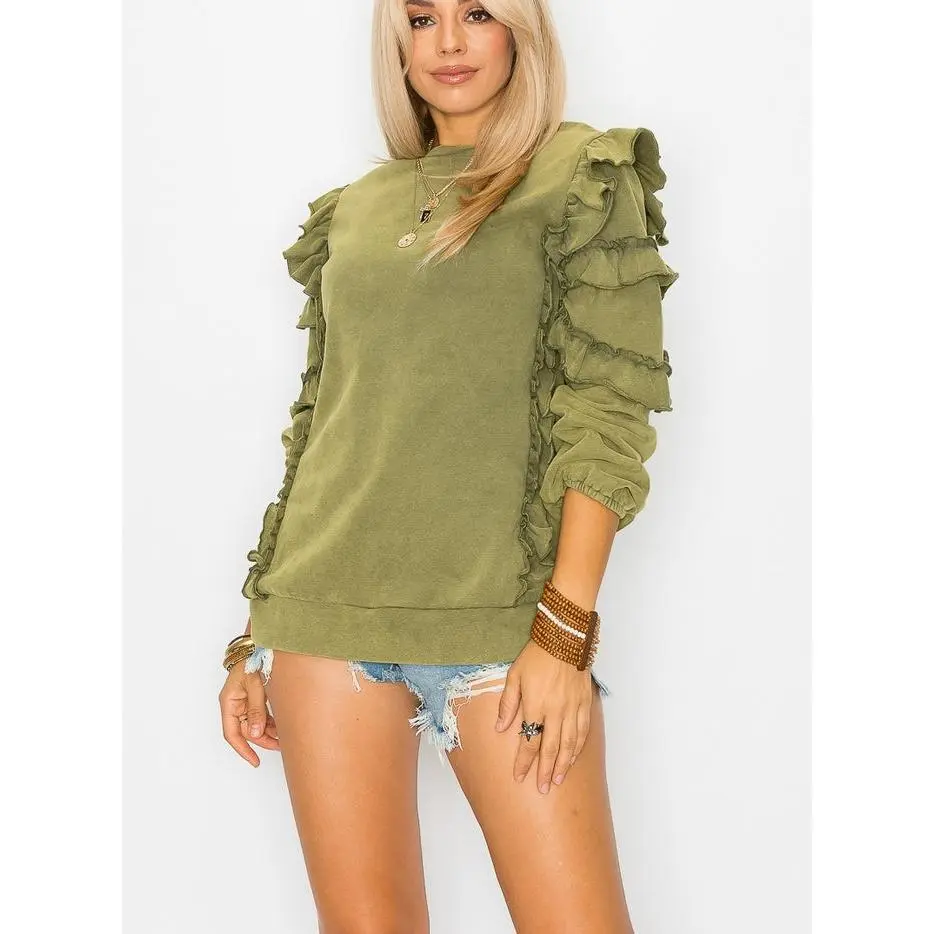 Women Ruffle Sweatshirt Long Sleeve French Terry Washed