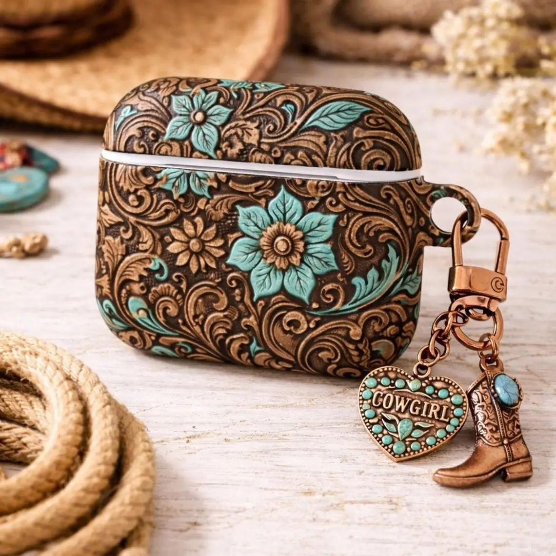 NO KEYCHAIN INCLUDED Western Cowgirl Floral AirPods Case, Turquoise Tooled Leather Print Style Cover for AirPods Gen 1 2 3 4 Pro, Mexican Rustic Country Gift