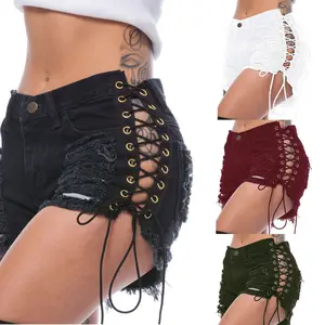 Women's Ripped Denim Bottoms - Distressed Eyelet Bandage Style Streetwear, European & American Women's Clothes, Night Out Going Out Bottoms