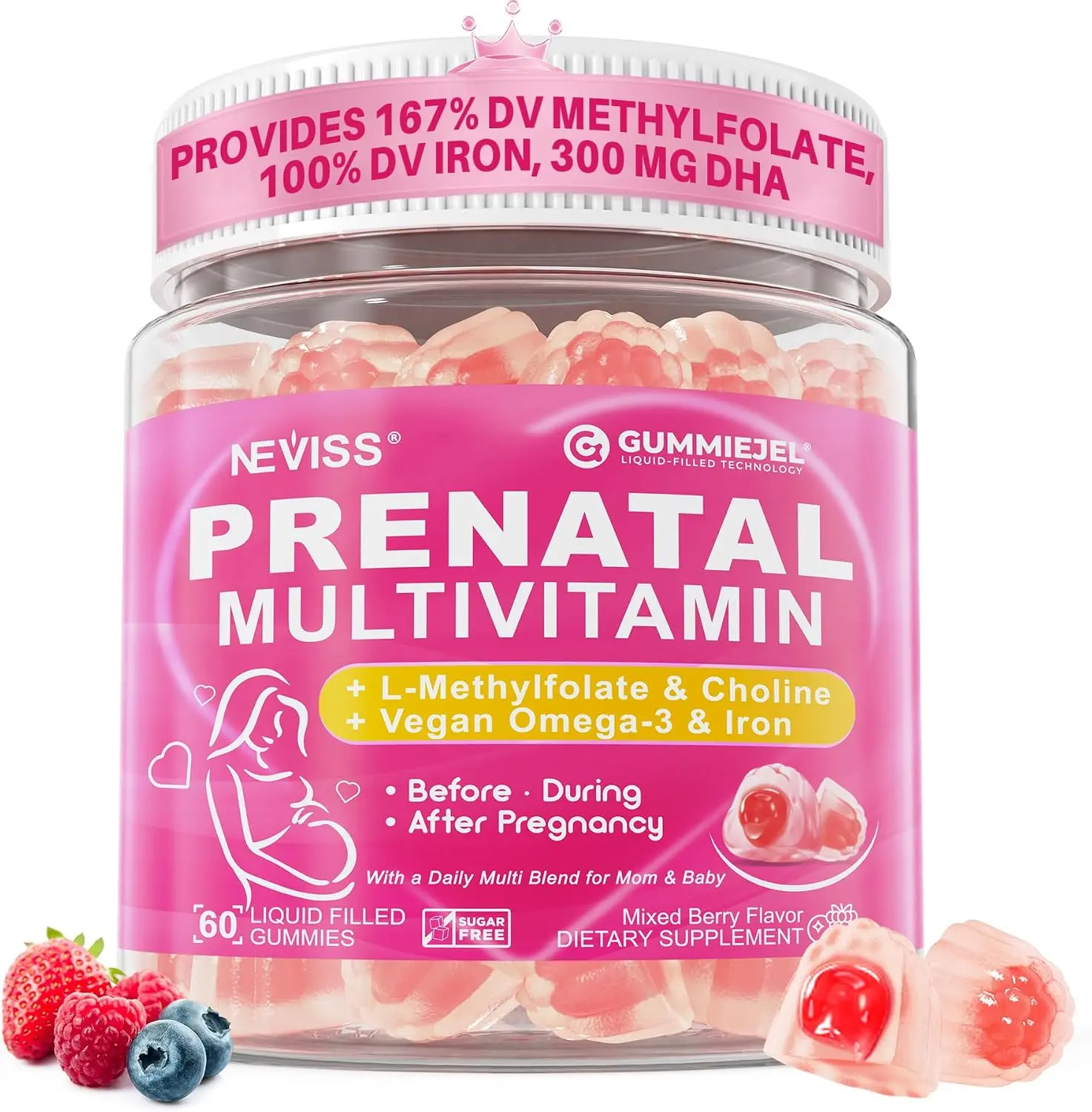 Prenatal Vitamins for Women Multivitamin Gummies w/ Methylfolate 1mg, Choline Omega-3(DHA+EPA) Iron, Postnatal Vitamins for Women Breastfeeding | Before,During & After Pregnancy,Sugar Free,Vegan,60Cts
