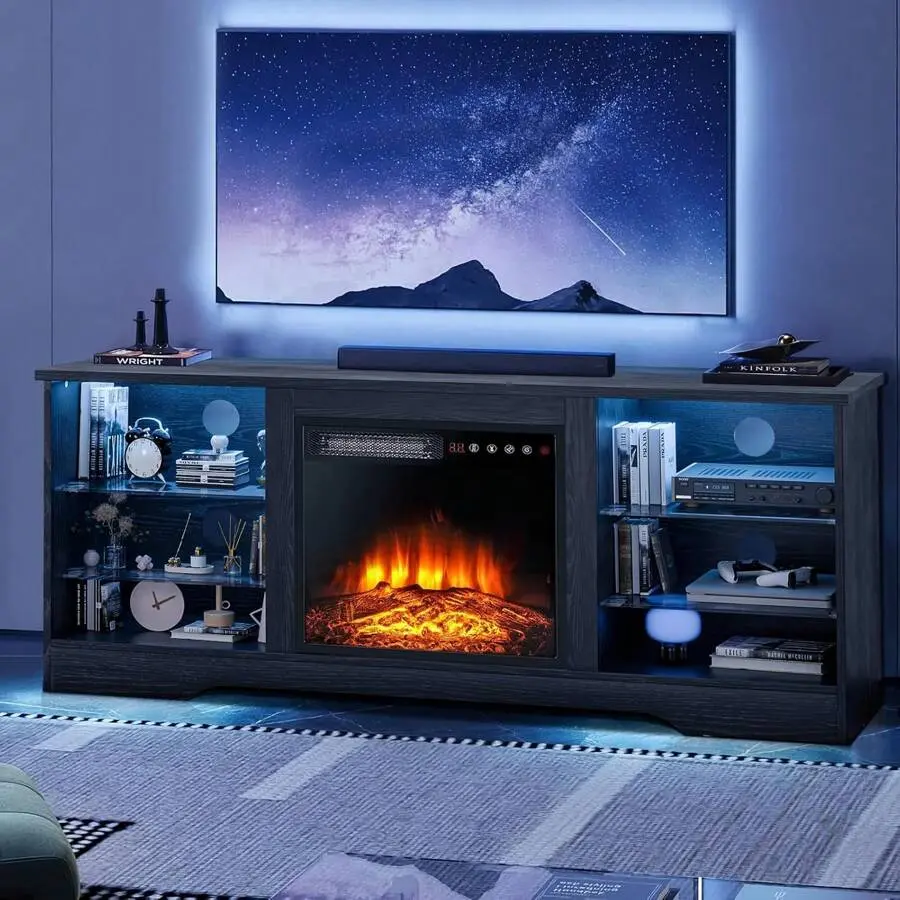 58-Inch Classic Rectangular MDF Wood Electric Fireplace Stand - Fits Up To 65-Inch TVs, 18-In Console with Remote & LED Lights, Modern Floating Wall-Mounted Living Room Entertainment Center