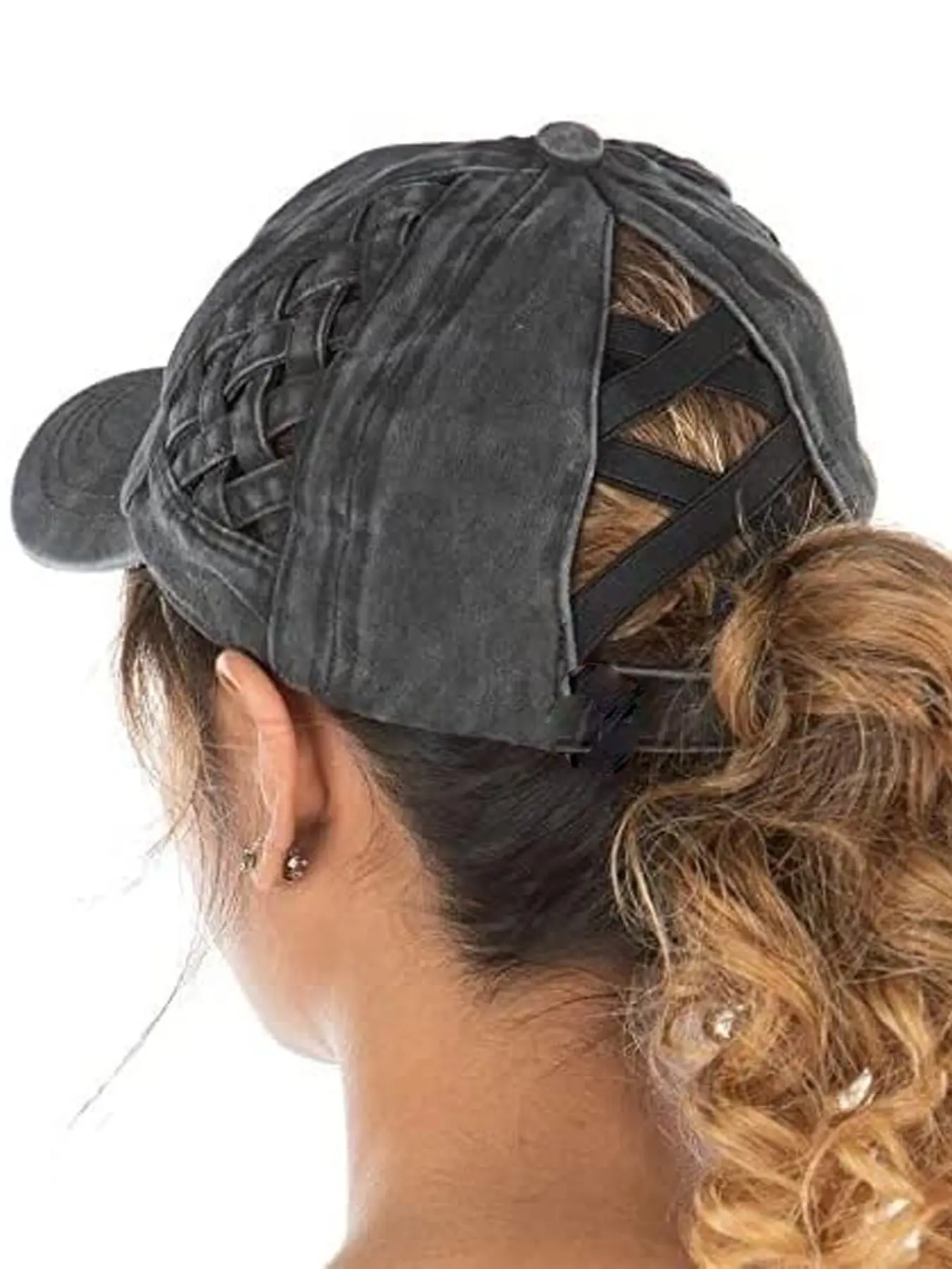 Washed Casual Denim Basket Weave Criss-Cross Ponytail Baseball Cap Casual Trendy Hat Bundle Hair Tie Fashionable Hats