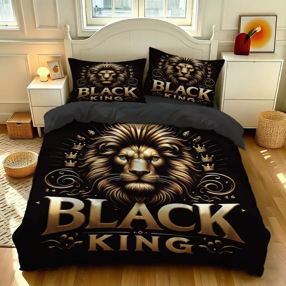 Three-piece Printed Bedding Set Crown Lion Print (1 set +2 pillowcases, no core), personalized bedding, suitable for high-end bedrooms of various size to meet different needs, suitable for wildlife lovers, Bed Sheet Sets Bed Sets Supplies