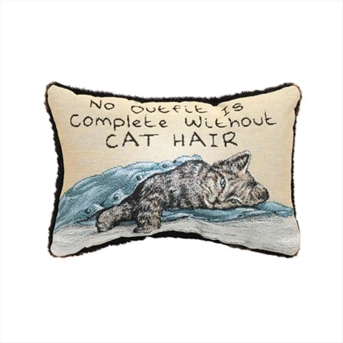 212 MAIN Tapestry Pillow (8.5 x 12.5 in) - Manual Woodworkers and Weavers TWNOIC "No Outfit Is Complete Without Cat Hair" Design, Cotton Jacquard-Weave Tapestry Look Poly Blend, Recycled Fill, Living Room Furniture Accent