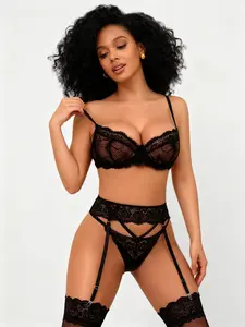 RSLOVE Women's 3-Piece Glamour Lingerie Set - Softness Lingerie, Lace Underwire Push-Up, V-Neck with Heart Detail, Adjustable Straps, Stretchy, Panty, Garter, Fishnet Stockings, Hand Wash Cold (Spring-Summer) summerwins,summerwins