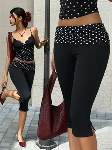 Women's Black Fold Over Waist Polka Dot Capri Pants 2026 Y2K Retro High Waisted Slim Fit Ruched Waistband Casual Streetwear Summer Daily Trendy Going Out Stylish Leggings Bottom Viral TikTok Fashion Essential Womenswear