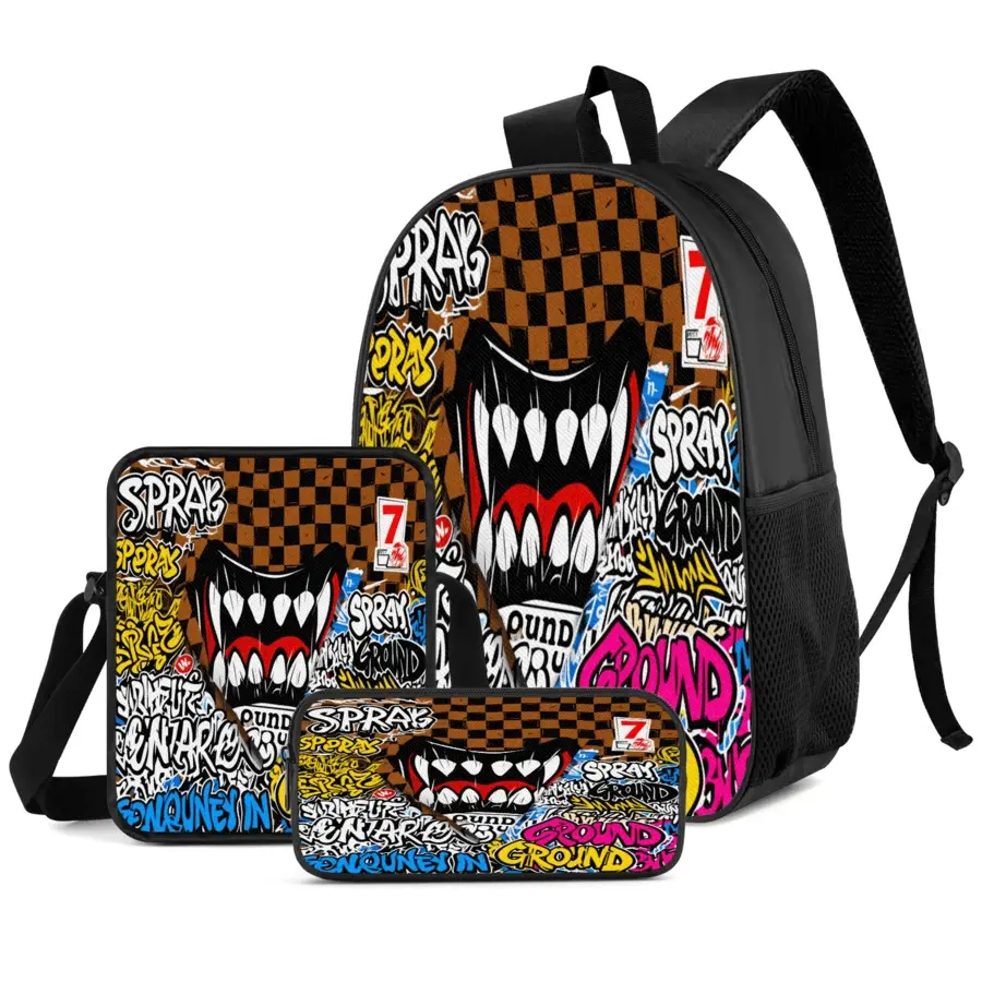 Streetwear Graffiti Backpack Set for Boys & Girls, 3-Piece 600D Oxford Cloth School Bag with Monster Mouth Print, Lunch Box & Adjustable Straps for School/Travel, Back To School Haul, School Backpacks