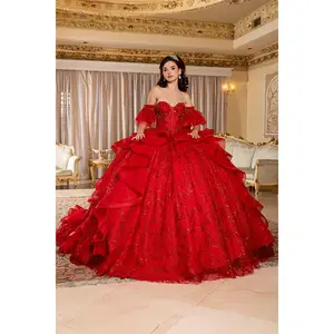Off-Shoulder Quinceanera Ball Gown Glitter Tulle Corset Dress with Ruffled Skirt by Layla K LK296