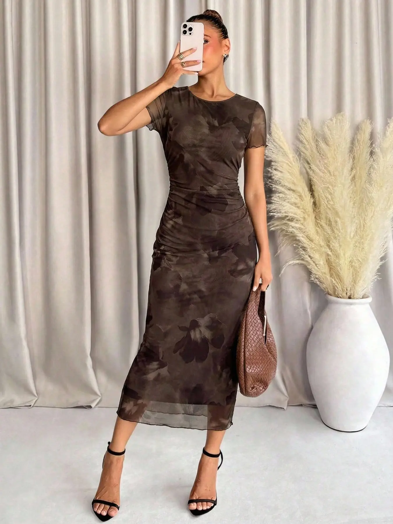 brown printed mesh ruched dress - TikTok Shop