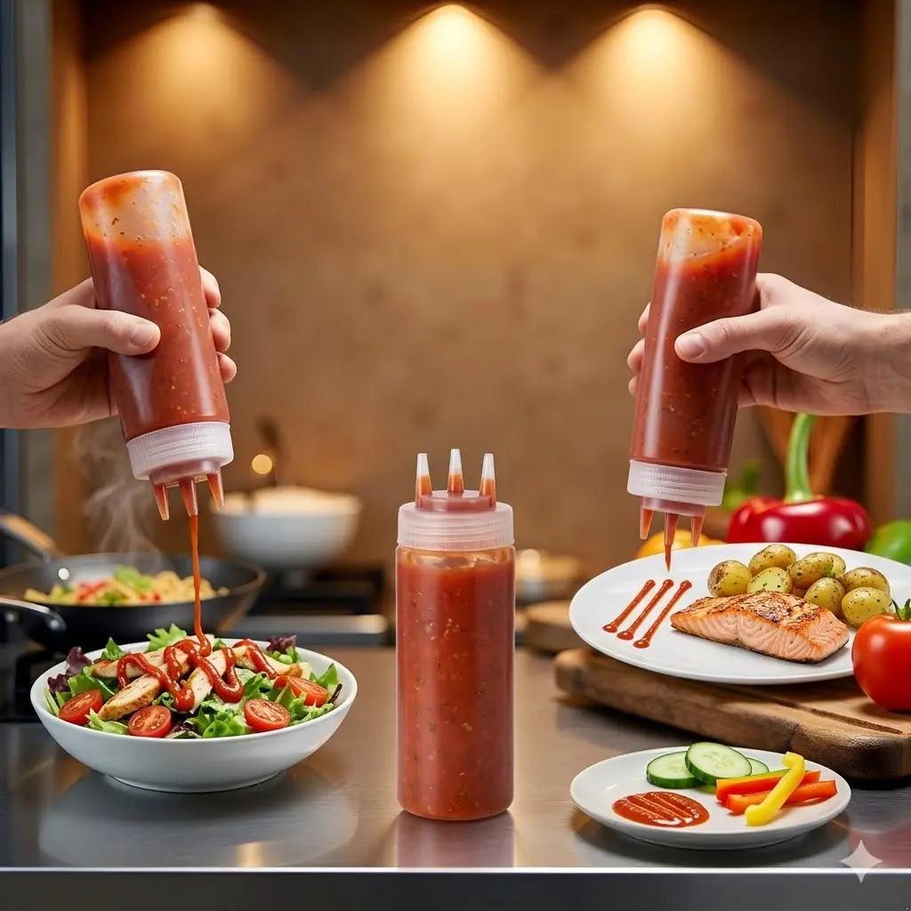 1-Pack 3-Hole Squeeze Condiment Bottles, 360ml Plastic Sauce Dispenser, Leak-Proof Kitchen Bottles for Ketchup & Jam