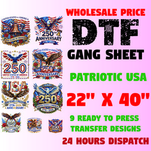 4th July DTF USA 250 Anniversary United States of America Freedom Celebration Pre Made Ready To Press Gang Sheet Direct to Film Heat Transfer  Gangheets