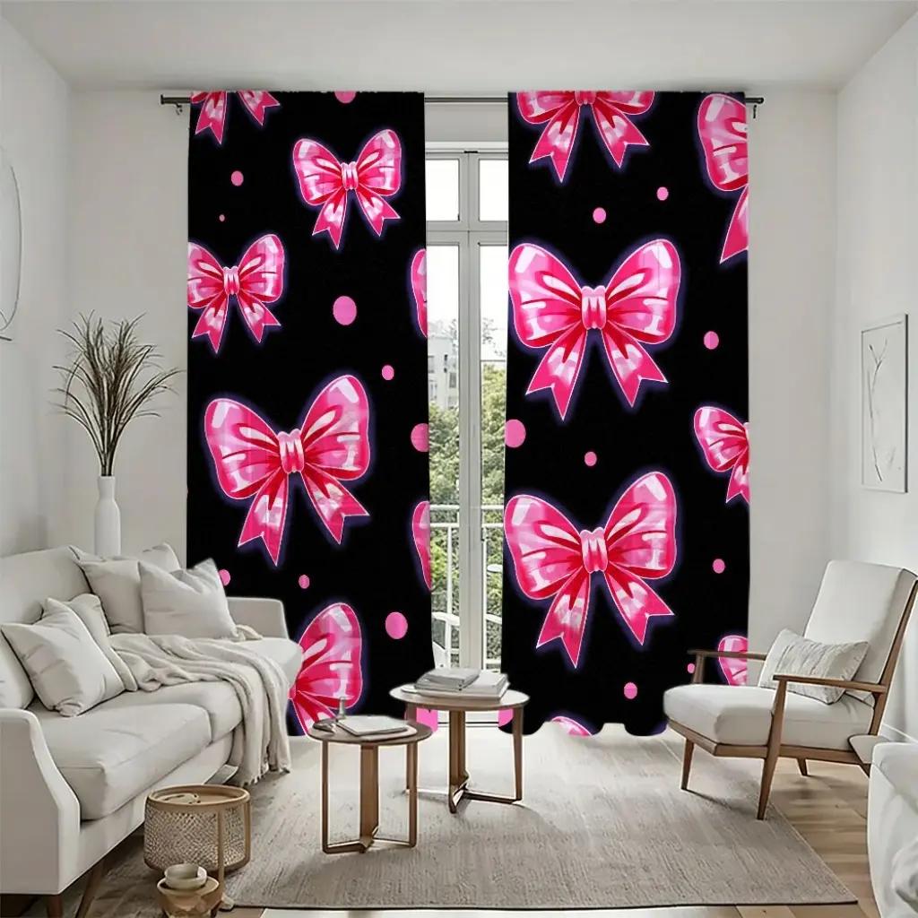 2Pcs 2-piece, featuring pink bowknot prints, modern design, pole pocket easy installation, semi-transparent window screens, home decor style, suitable for multi-room living rooms, bedrooms, study, durabl, Window Decorations Supplies, Room Decor Curtain