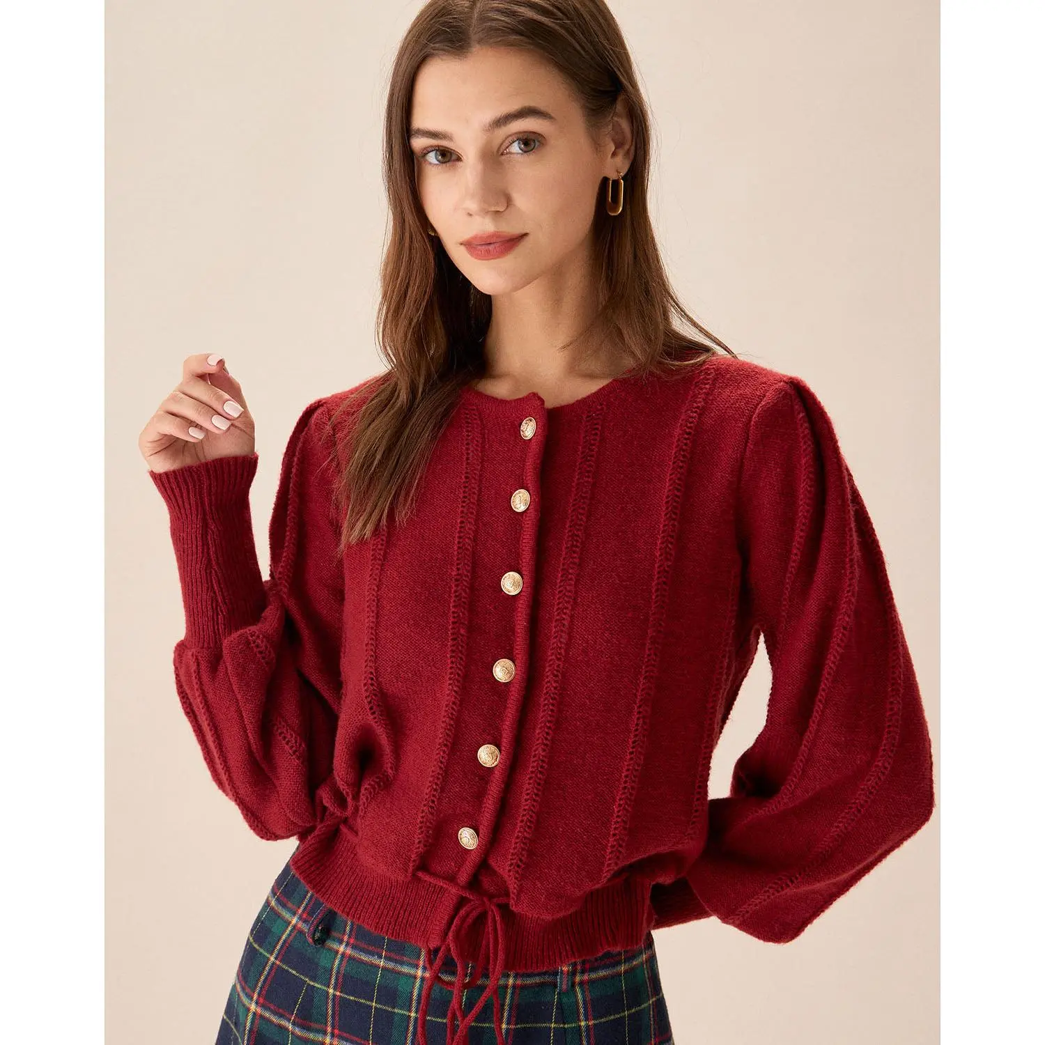 RIHOAS Women's Statement Lantern Sleeve Knitted Polyester Cardigan, Single-Breasted Button-Up Knitwear with Hip Fit, Sweater, Lantern Sleeves
