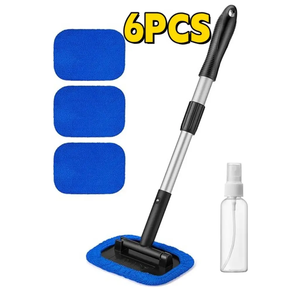 6pcs Car Window Cleaner Brush Microfiber Cleaner with 4 Reusable and Washable Microfiber Pads and Extendable Handle Auto Inside Glass Wiper Kit Blue Dual-Use for Defogging and Dust Removal Cleaning Tool