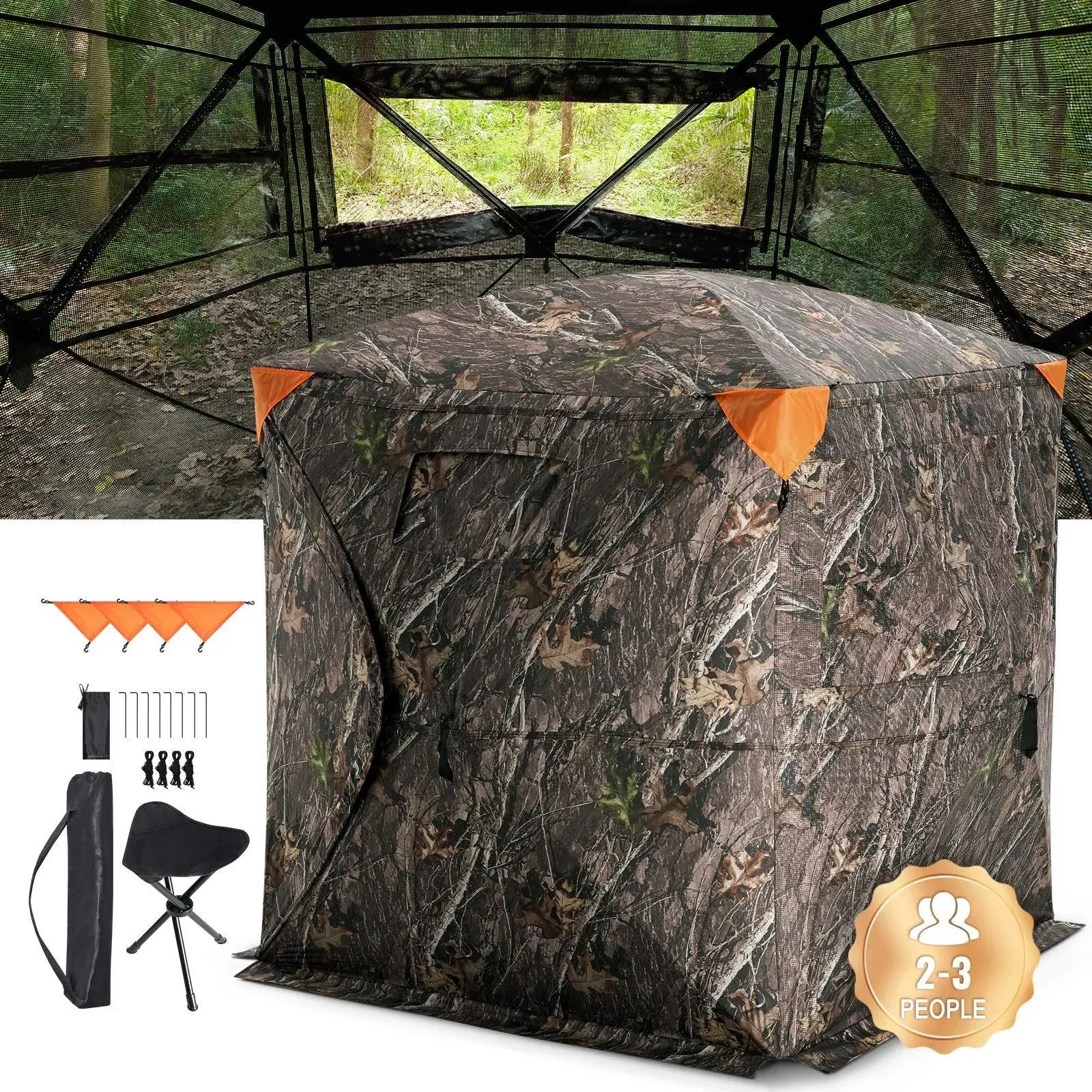 【Summerfinds】VEVOR Hunting Blind,  270° See Through Ground Blind, 2-3 Person Pop Up Deer Blind for Hunting with Carrying Bag, Portable Resilient Hunting Tent, 3 Horizontal Windows for Turkey and Deer Hunting
