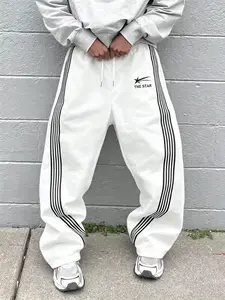 Loose Fit Sport Pants with Side Stripes, the Star Print Unisex Wide Leg Joggers, Y2K Street Style, Casual Elastic Waist Long Pants