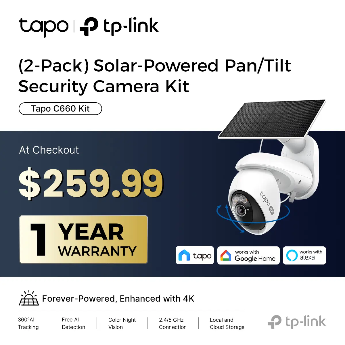 TP-Link & Tapo C660 Kit(2-Pack) 4K Ultra HD Outdoor Pan/Tilt Security Camera with Solar Panel,VistaCam 360° Pan, 24/7 Time-Lapse Capture, Free Person/Vehicle Detection, SD/Cloud Storage, Works with Alexa & Google Home  #SummerWins #DealsForYouDays