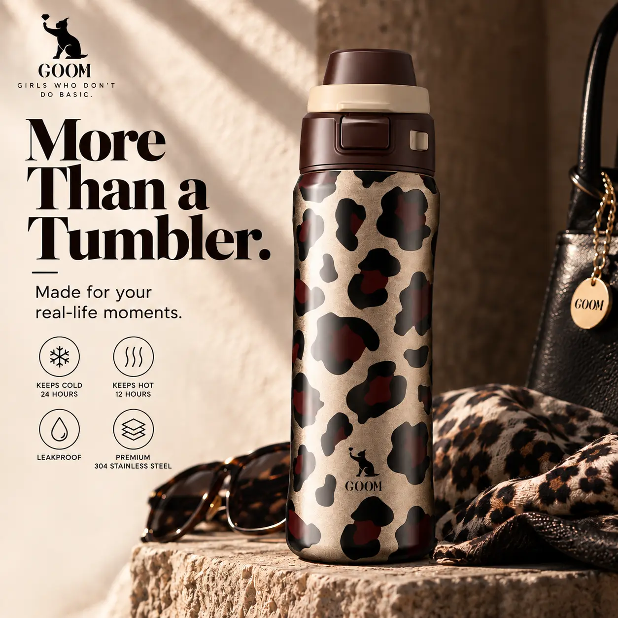 GOOM 24oz Golden Dusk Leopard Aesthetic Tumbler, Stylish Stainless Steel Water Bottle with Dual-Access Lid, Leak-Resistant Leopard Print Travel Cup with Straw & Sip Modes for Gym, Car, Work & Daily Use