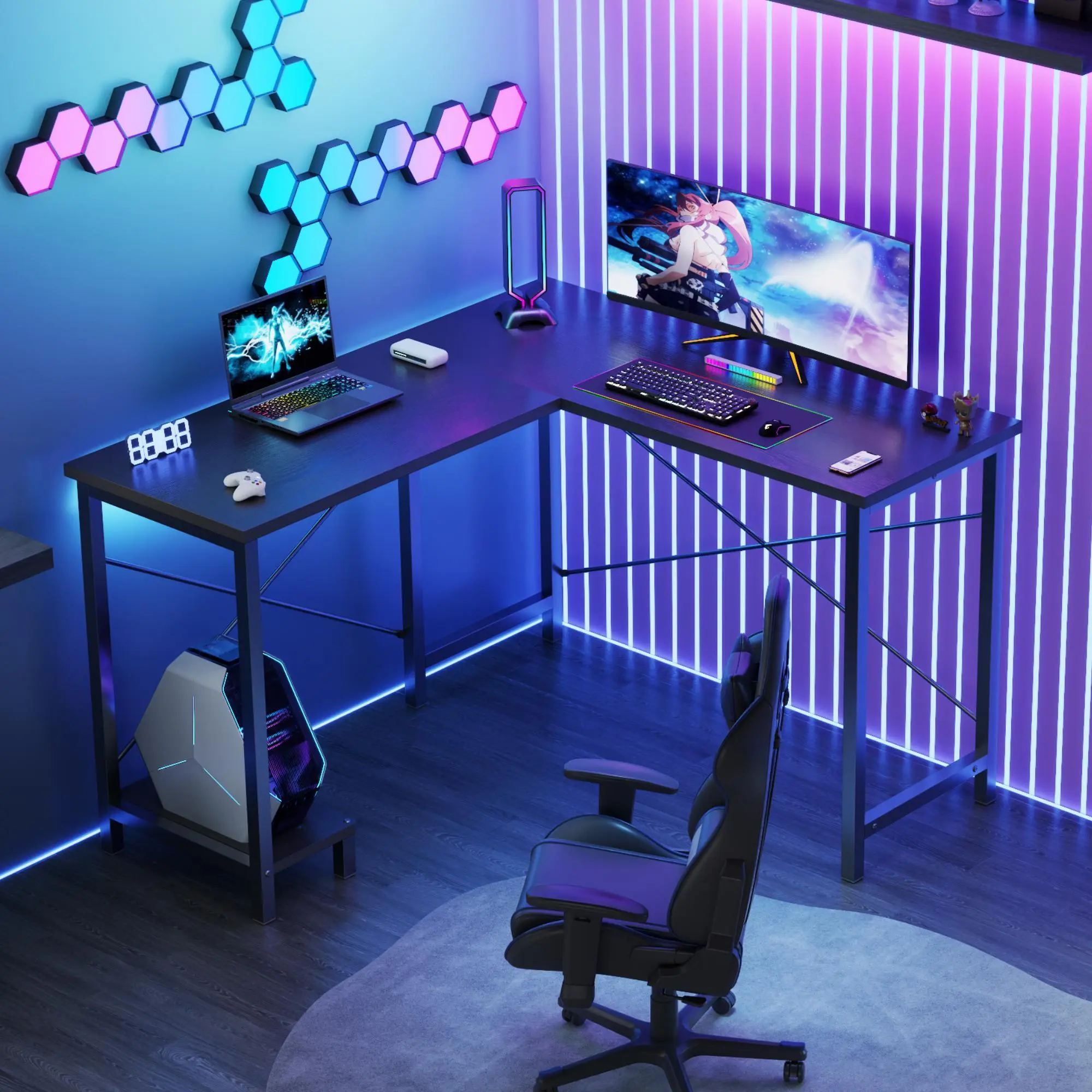DUMOS L Shaped Computer Desk with Wooden Desktop, CPU Stand and Side Bag - 50 Inch Gaming Table Corner Desk for PC Writing, Study, Home Office, Dorm, Small Space - Black Desk with Reversible Design