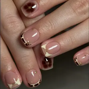 24pcs Short Square Nail Tips, French Leopard Print, Gold Beads Flower Pattern, Press-On False Nails, Reusable for Gel and Daily Use