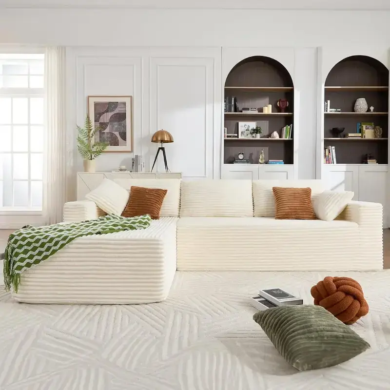 L-Shaped Modular Sectional Sofa, Modern Sleeper Sofa for Living Room, 96-Inch Minimalist Modular Couch, Fluffy Corduroy Fabric Sofa, No Assembly Required