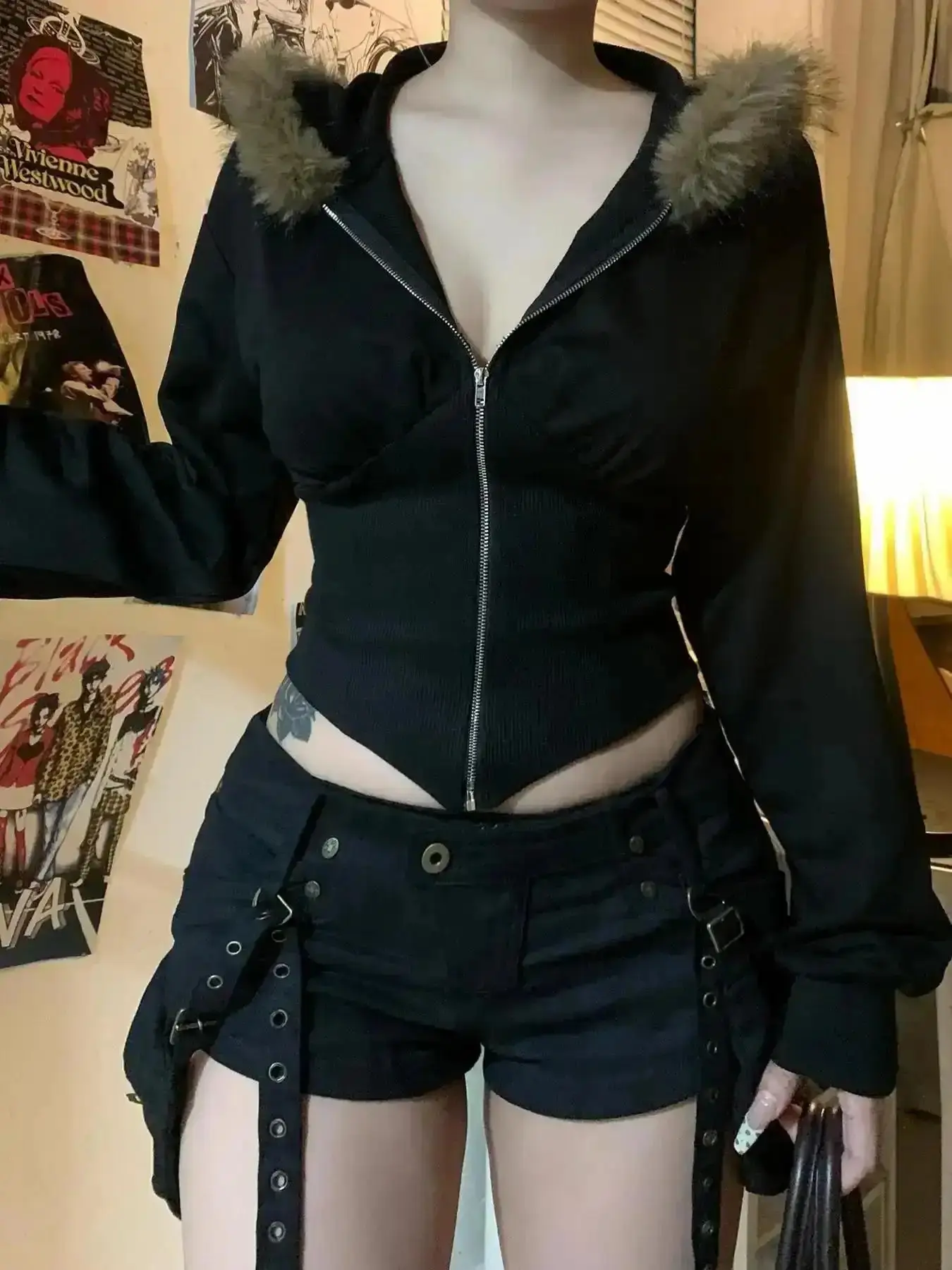 Varsity Letterman Jacket, Contrast Faux Fur Zip Up Hooded Jacket, Coats, Casual Drop Shoulder Long Sleeve Outerwear for Fall & Winter, Ladies Clothes Daily Wear, Comfy, Stretchy, Warm Style, Autumn Vibes, On The Go