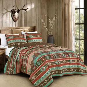 Southwestern Reversible Quilt Set – 3PCS Rustic Ranch Bedspread with Shams (Queen/King)