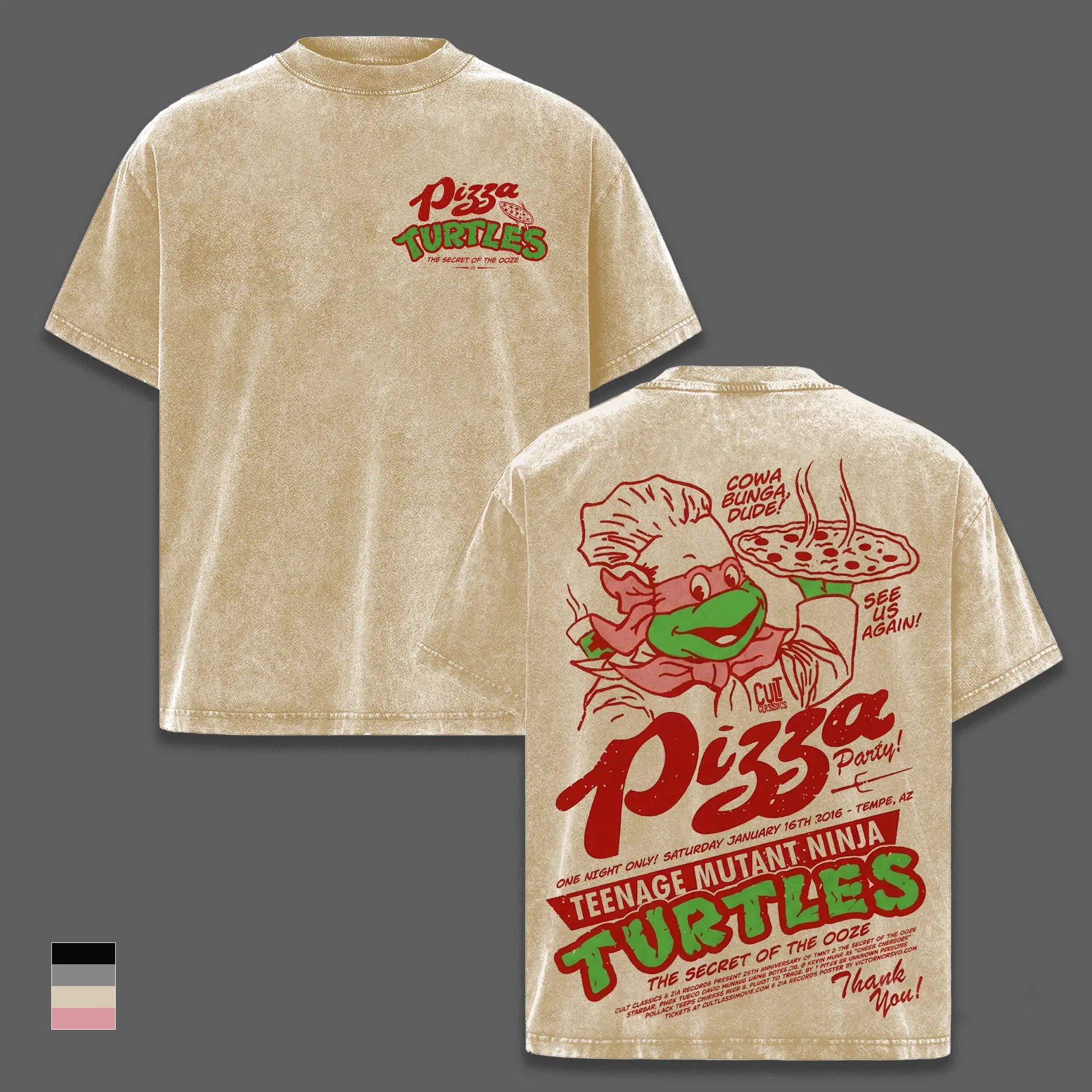 Vintage Washed TMNT Pizza Party Graphic T-Shirt, Pizza Turtles Retro Comic Tee, Double Sided Print, Oversized Heavyweight Cotton Streetwear, Y2K Cartoon Fan Style, Unisex Collector Gift Apparel